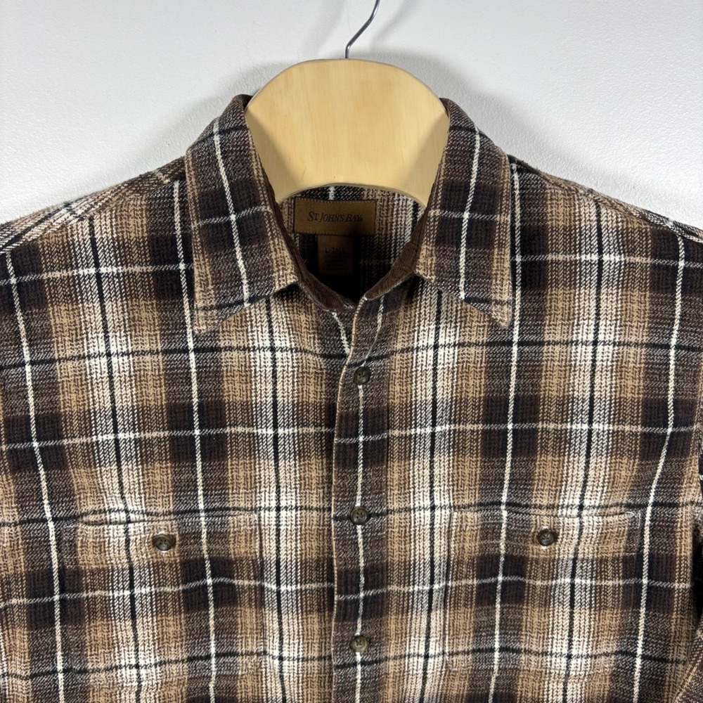 St Johns Bay Mens Large‎ Tall Brown Plaid Flannel Shirt Cotton Corduroy Trim